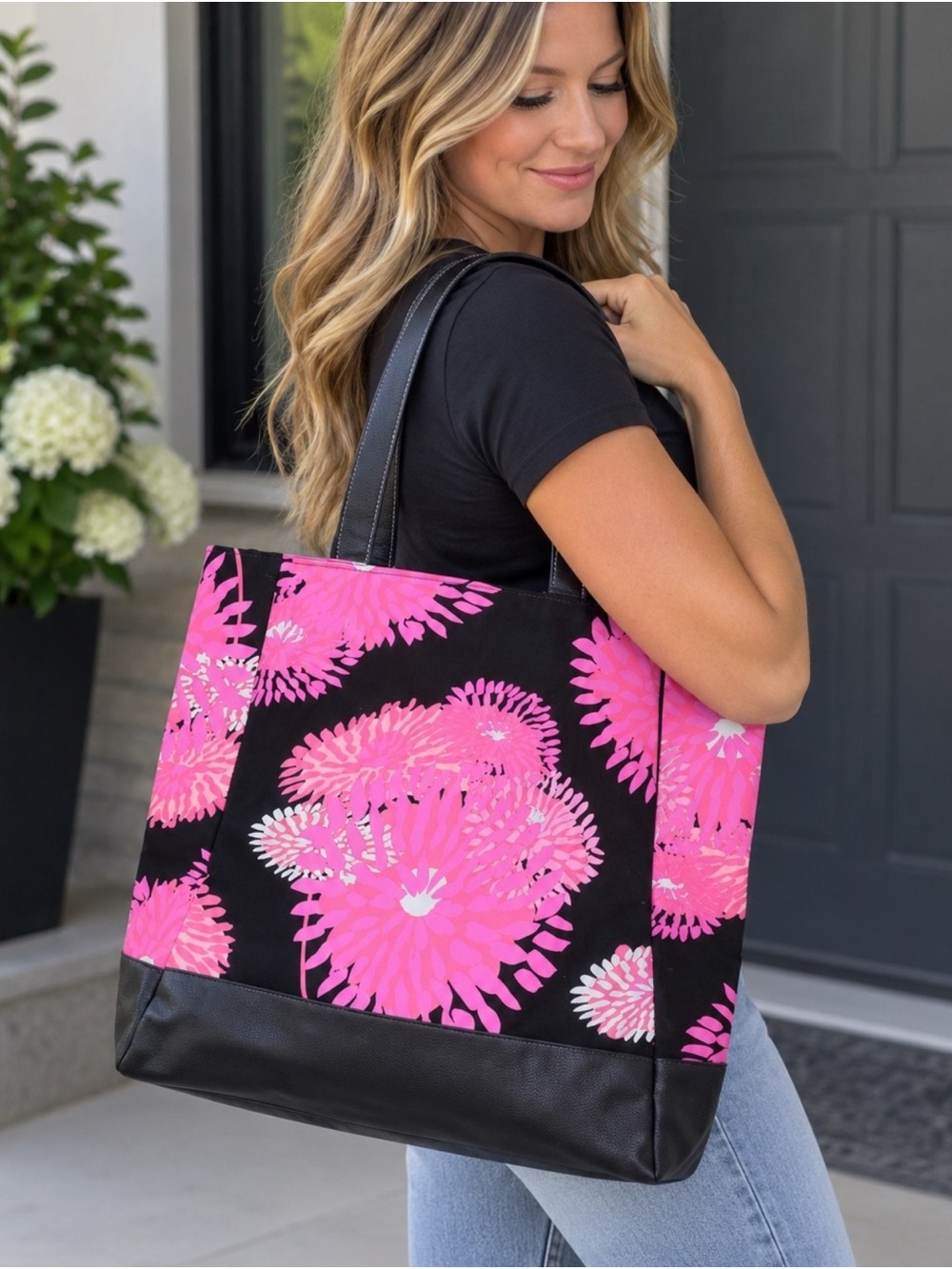 Avon Black Tote with Bright Pink Floral Print